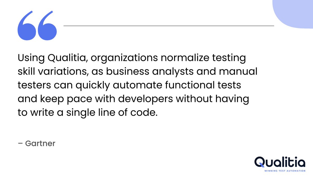 Qualitia's tweet photo. We feel proud to hear such spirited words from a prestigious organization!

Via @Gartner
#Gartner #tuesdaymotivation #testautomation #scriptless #softwaretesting #testerslife #testing https://t.co/8n7OHJwhee