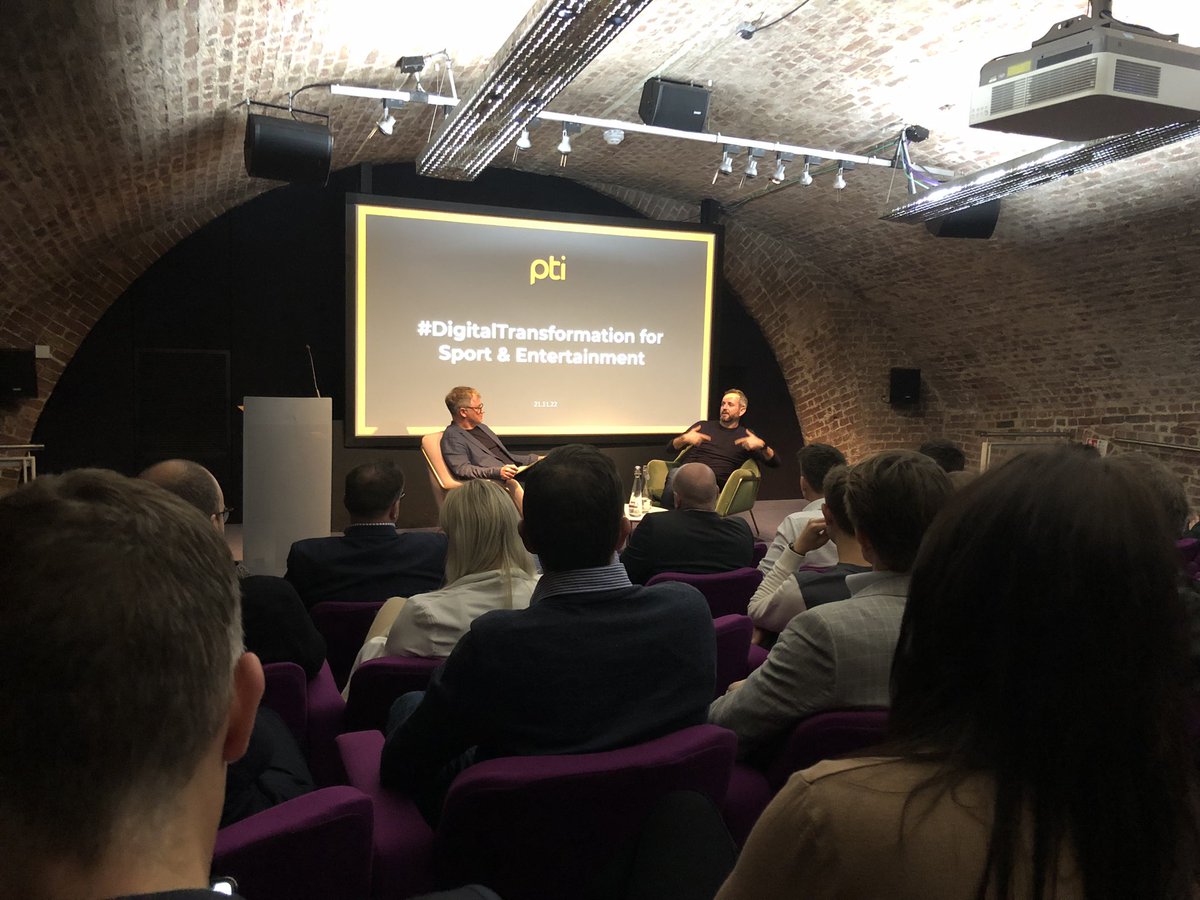 PTIdigital's tweet photo. Kicking off our industry get together, @UnffclPrtnr interviewing Rob Calder. Chief Growth Officer at @premrugby #DigitalTransformation https://t.co/39Gf6tgHjF