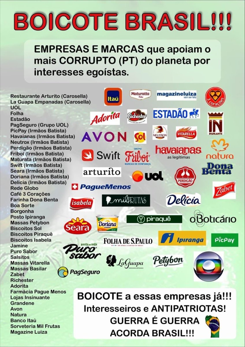 johnbsales's tweet photo. Marcas que apoiam o Socialismo, Comunismo e o Crime no Brasil!!!!!!! https://t.co/6l6NhtoPnD