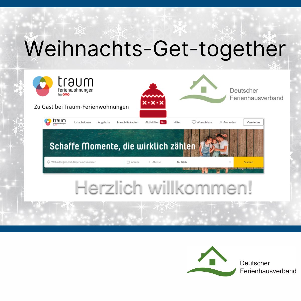 DFV_Ferienhaus's tweet photo. Am 28.11.2022 findet unser Weihnachts-Get-togehter statt. Unser Lieblingsevent des Jahres und die beste Möglichkeit, in den Austausch zu treten. https://t.co/eeC7ahkHRz