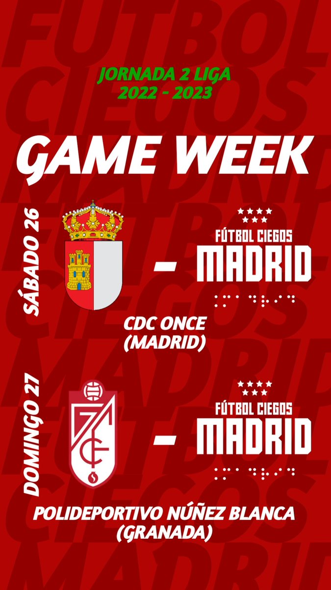 FCiegosMadrid's tweet photo. 🚨ES #GAMEWEEK

La jornada 2 es doble para nosotros 🗓️

SÁBADO 26 VS. LA MANCHA
SABADO 27 VS. GRANADA https://t.co/9bJ479Nsv9