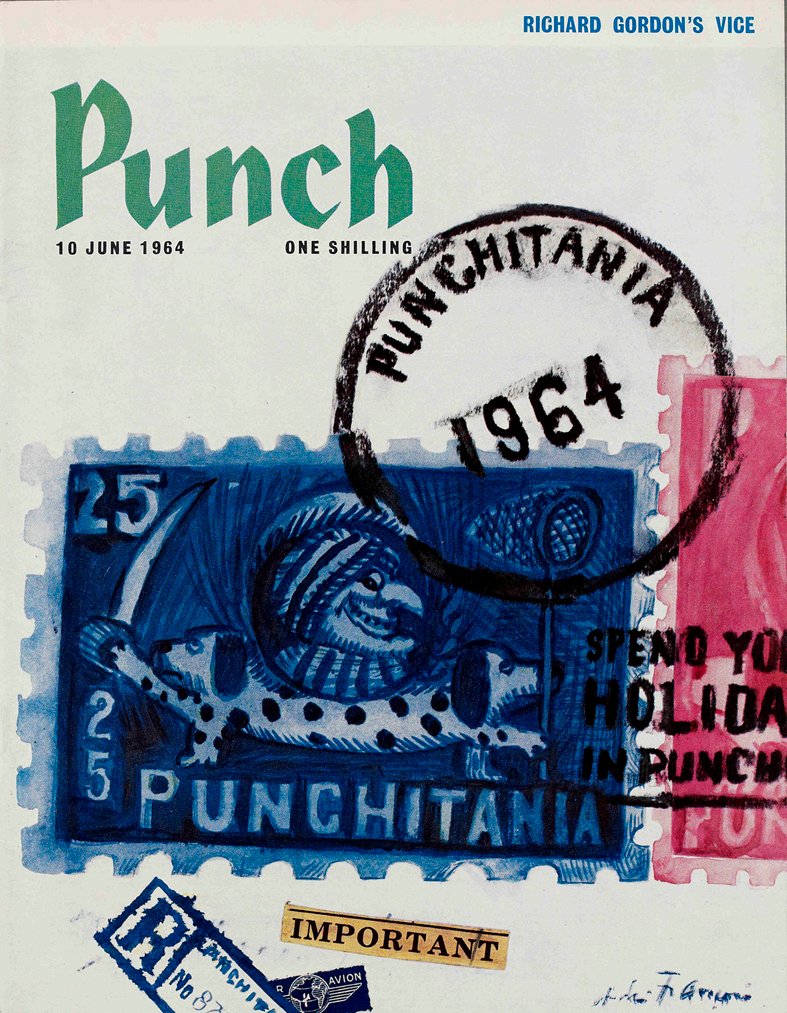 PunchBooks's tweet photo. Today's PUNCH colour cover. A postcard from Punchitania by Andrรฉ Franรงois 1964 #mail #communications #letters #post #stamps #franked #holidays https://t.co/3kG8EEowJM