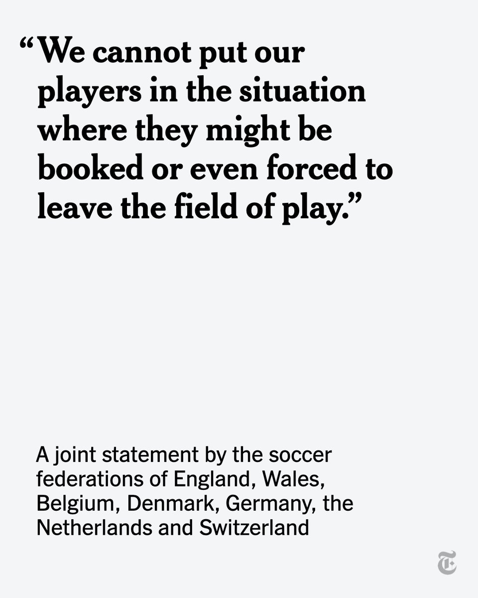 nytimes's tweet photo. Seven European soccer teams asked their captains not to wear rainbow armbands at the World Cup after organizers threatened to issue a yellow card to any player wearing the bands, which were designed to show support for the LGBTQ community.
https://t.co/5wAKddJniR https://t.co/qSMAFfFdUW
