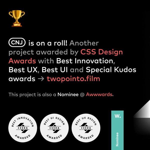 cnjdigital's tweet photo. Awarded!!! Our project https://t.co/zM7YWdC7pe, website for a boutique service production company, won 4 CSS Design awards. Well done team, great working with you 2.O Film! 🥳🤩 Art direction by Ljubo Bratina! 🥰  @statamic https://t.co/tO5qKLqF7v