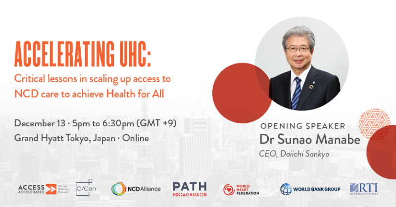 NCDAccess's tweet photo. What lessons can be learned from addressing #NCDs as part of achieving #UHC? Hear from: 

Dr Sunao Manabe,@DaiichiSankyoJP
Dr Eiji Hinoshita, @MHLWitter_en
Dr Hajime Inoue, @WorldBank
Ms Saba Husain, @LillyPad
Mr Thomas Cueni, @IFPMA

Sign up 👉🏽 https://t.co/vvuH5wwc4w