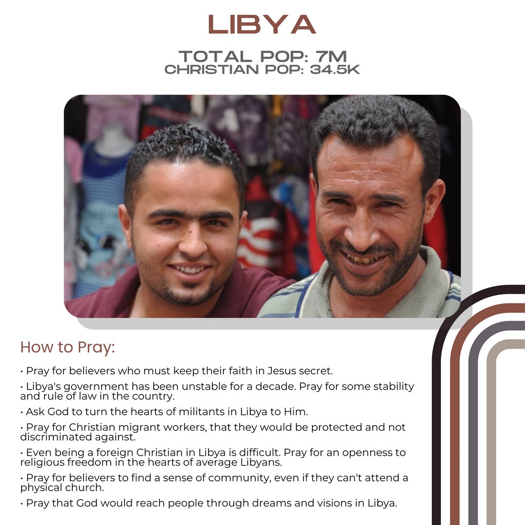 WePray40's tweet photo. Today we are praying for persecuted nation number 4, Libya.

Pray that Jesus will break down the barrier of despair and replace it with hope.

Read Romans 8:24-26 and Romans 15:13.

⁠All photos and info came from Open Doors USA. https://t.co/Cqdt6mIYdN