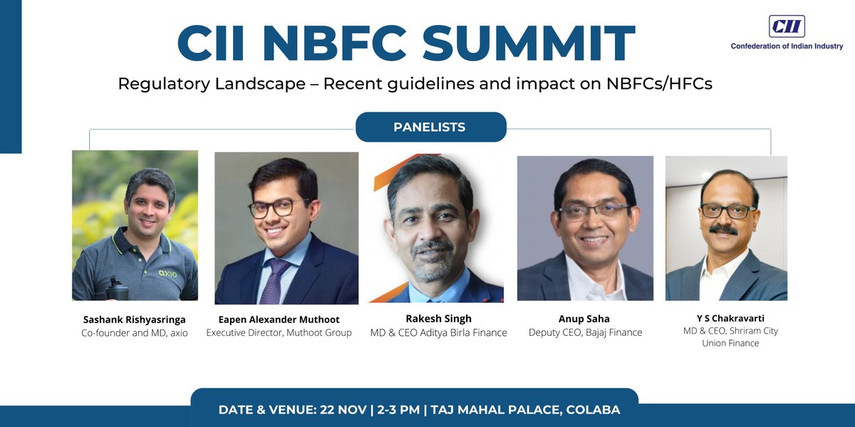 CIIEvents's tweet photo. Does the regulatory landscape for the Non-Banking Finance Companies (NBFCs) &amp; Housing Finance Companies (HFCs) need a change? 
Join the 5th Edition of the CII NBFC Summit to know where the NBFC sector is headed.
Date➡️22 Nov '22
Details➡️https://t.co/yp1nnZgUrn
#5thCIINBFCSummit https://t.co/el93yG2xRN