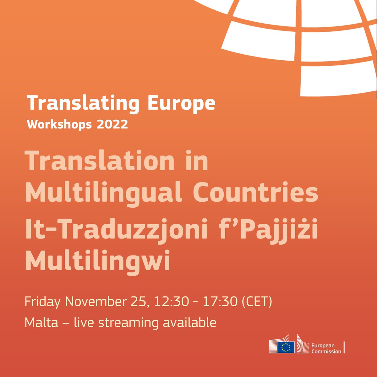 #TranslatingEuropeWorkshop “Translation in Multilingual Countries / It-Traduzzjoni f’Pajjiżi Multilingwi”
🗓️ 25/11, 12:30 - 17:30 (CET)
📍 Malta – live streaming available
👉 More info and registration : bit.ly/3UH4NXk
#TranslatingEurope #Translation #xl8
