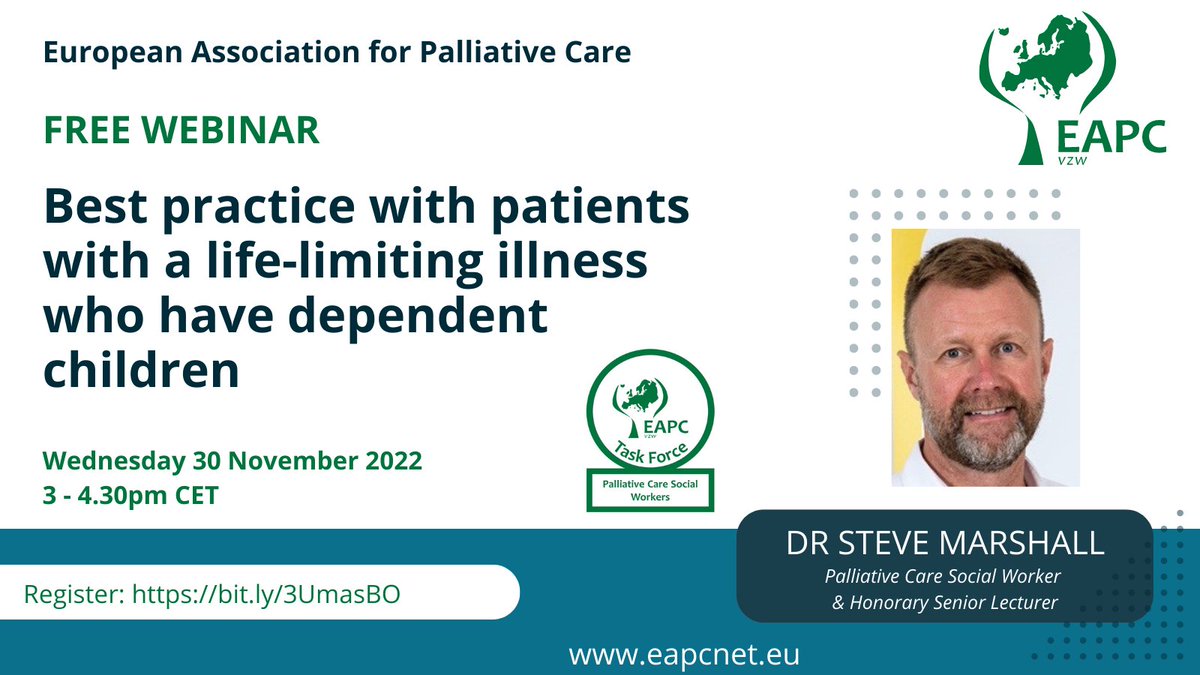 EAPCvzw's tweet photo. Don't miss our webinar next week when Audrey Roulston and Steve Marshall from our Social Work Task Force. Steve will present 'Best practice for patients with a life-limiting illness who have dependent children'. Its on 30th November at 3pm CET. 
Register: https://t.co/cR35MTH59M https://t.co/zr78IocNNS