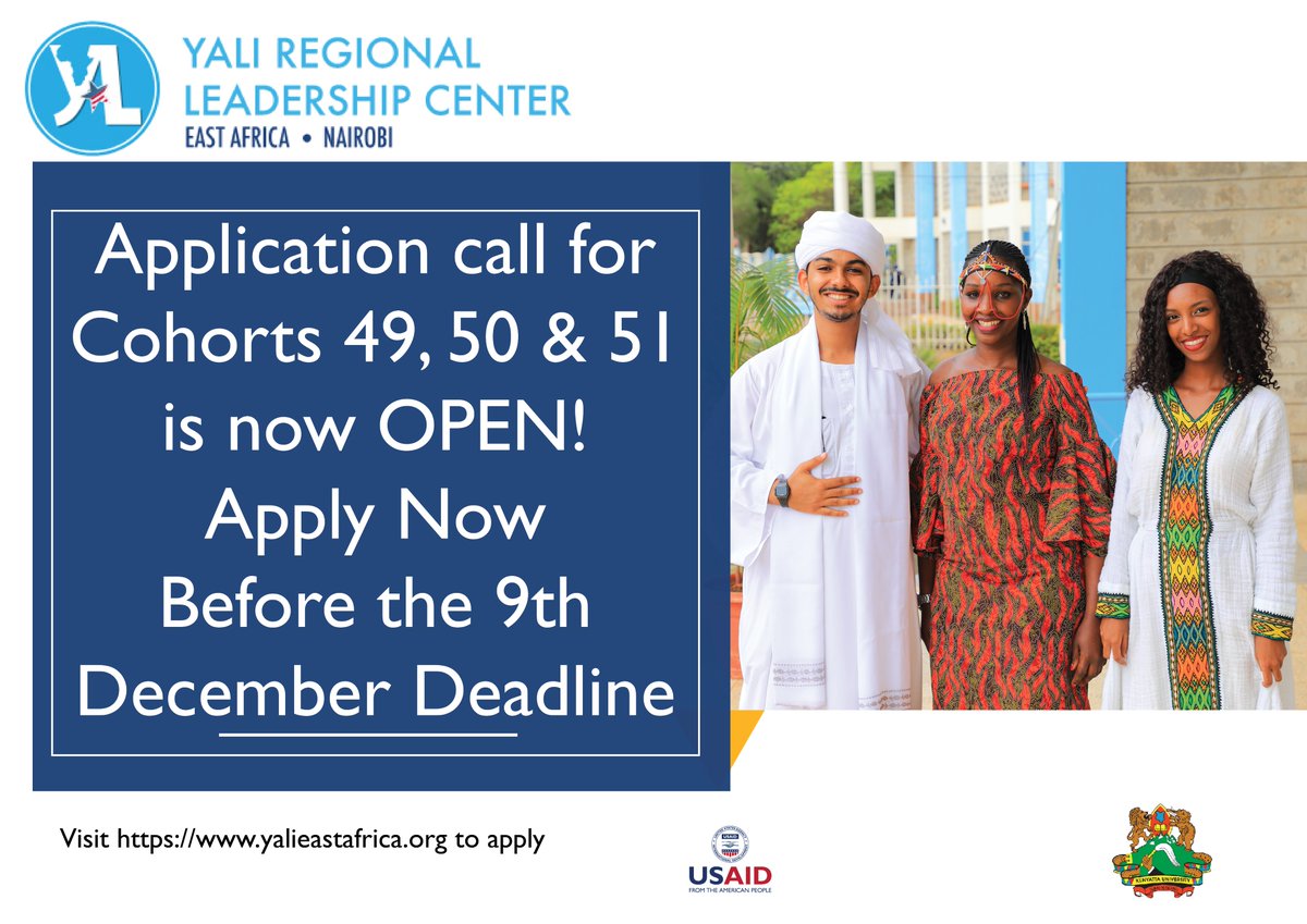 rlceastafrica's tweet photo. Attention!
Applications for residential cohorts are now open! 
The applications will run till 9th December 2022 at 5:00 PM EAT. Successful applicants will go through an intense 4 weeks of experiential leadership training @YALIRLCEA. Apply today! 
https://t.co/4uxGj1HNky https://t.co/z3tVIWmg67
