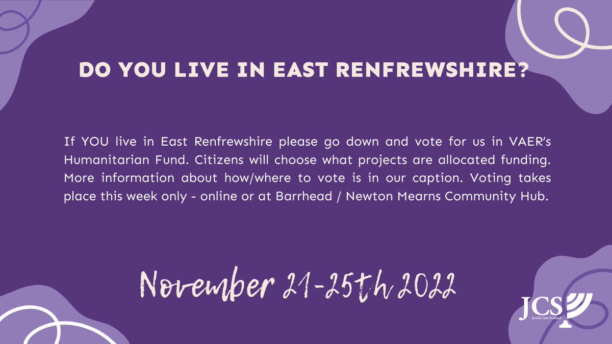 Jcarescot's tweet photo. If you are a supporter of JCS (16+) and live in East Renfrewshire, your vote could help us get £5,000 of funding. The community vote takes place all week and the details of how to vote online are here - https://t.co/8SLfYt2qiB Information on how to vote in person on the thread https://t.co/YZznz7Rryl