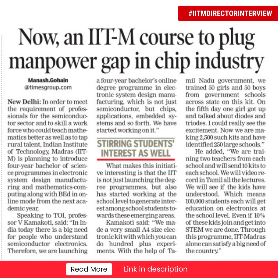 FGCTweets's tweet photo. In an interview with @timesofindia, Prof. V Kamakoti, said: “We are launching a four year bachelor's online degree programme in electronic system design manufacturing."
Read more: https://t.co/1kQEG1O9Kj
@iitmadras @manashTOI #iitmadras #degreeprogramme #science #onlinelearning https://t.co/5WkagK6ixf