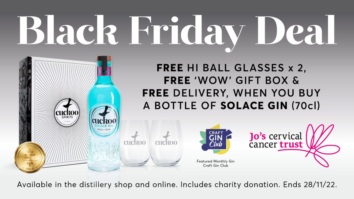 CuckooGin's tweet photo. B L A C K   F R I D A Y   D E A L  😍
We are using #BlackFriday to raise more money for @JoTrust &amp; drive awareness of screening tests. 💚
Look what you get free if you order a bottle of Cuckoo Solace Gin! 🥰
https://t.co/pwJYifa7Ka https://t.co/itnbgXnN1Q
