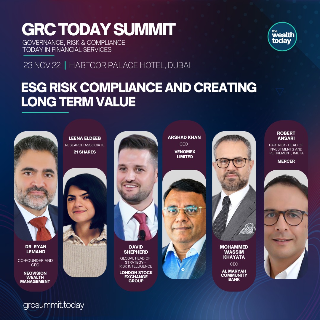 Our CEO Arshad Khan <a href="/arshadmkhan74/">Arshad Khan</a> is part of an exciting panel "ESG #Risk Compliance and Creating Long Term Value" at GRC Today Summit <a href="/TheWealthToday/">The Wealth Today</a> on
📆 23 Nov 2022
⏰3:00 PM 
📍 Habtoor Palace &amp; Resorts
Join us to know the importance of #ESG in the #Financial services space
