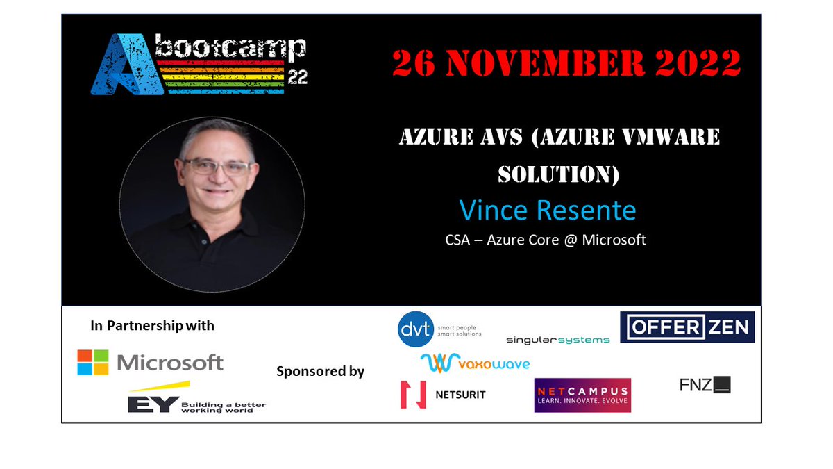 Join Vince Resente for "Azure AVS (Azure VMWare Solution)" at this year's #AzureBootcampSouthAfrica on the 26th of November <a href="/microsoftsa/">Microsoft SA</a>   azurebootcamp.co.za
