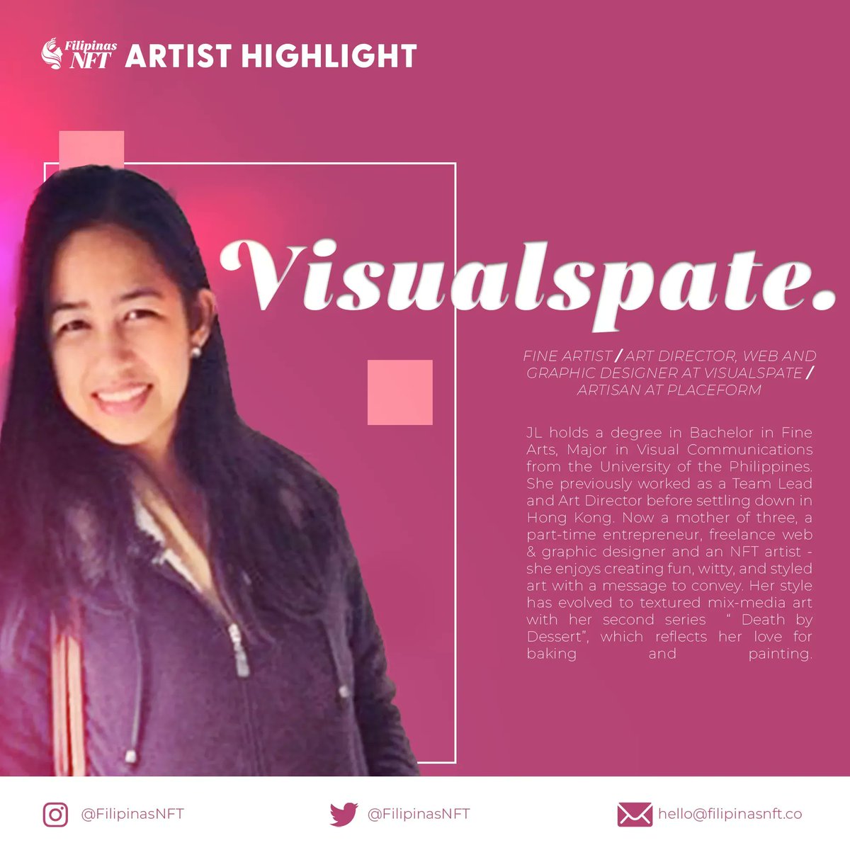 FilipinasNFT's tweet photo. 𝗠𝗲𝗲𝘁 𝗩𝗶𝘀𝘂𝗮𝗹𝘀𝗽𝗮𝘁𝗲. 

Visualspate previously worked as a Team Lead and Art Director before settling down in Hong Kong. 

Catch Visualspate artworks in the FilipinasNFT Abante Babae Collection set to mint on November 25, 2022. 

#FilipinasNFT
#AbanteBabae https://t.co/F1kvoOTyMV
