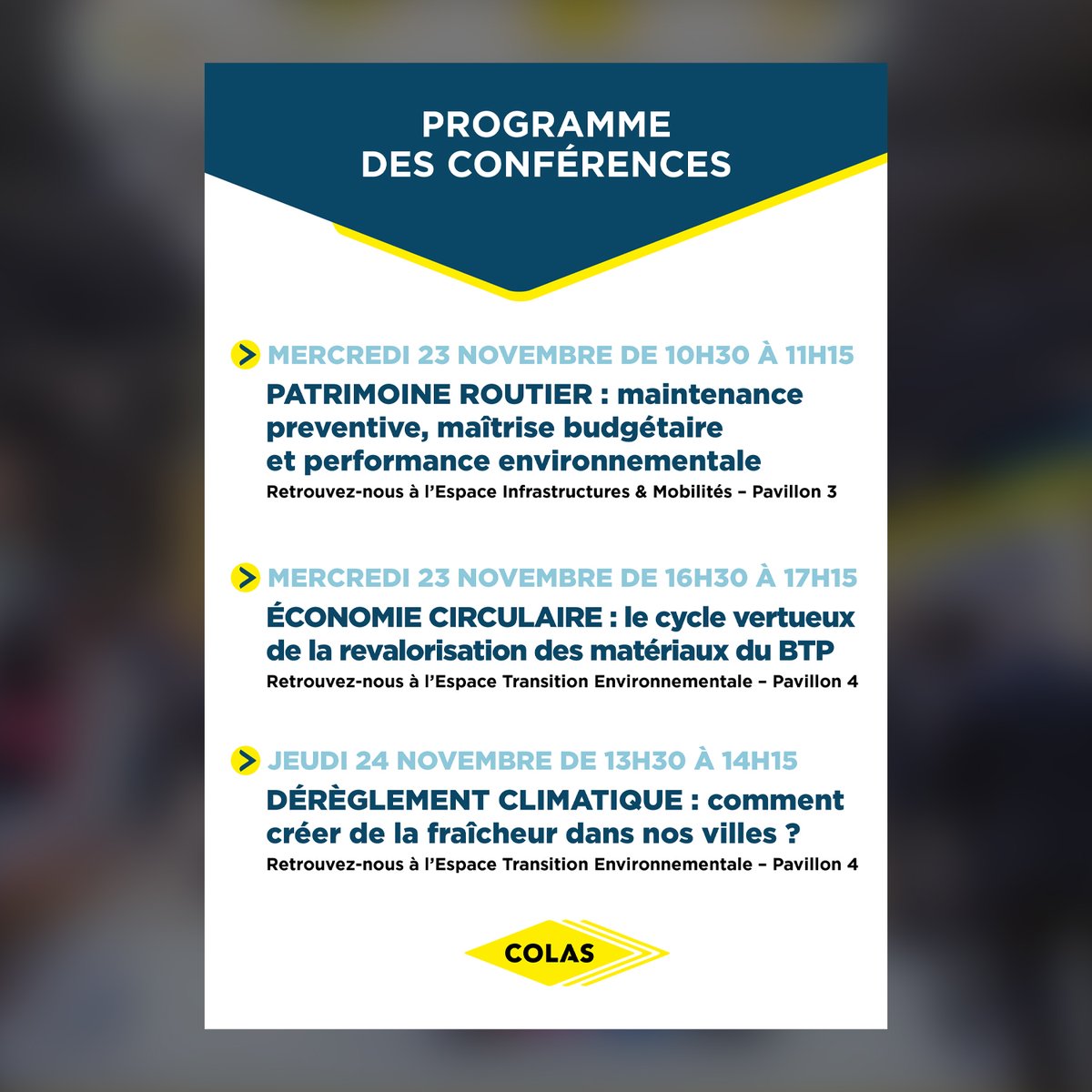 GroupeColas's tweet photo. #SMCL2022 J-1 ! Retrouvez-nous au Salon des Maires et des Collectivités locales. Au programme: démos de nos innovations, conférences thématiques...
📆 Du 22 au 24 novembre 
📍 Paris Expo - Porte de Versailles, Pavillon 3, Stand F50 https://t.co/C8UwtMPl8i