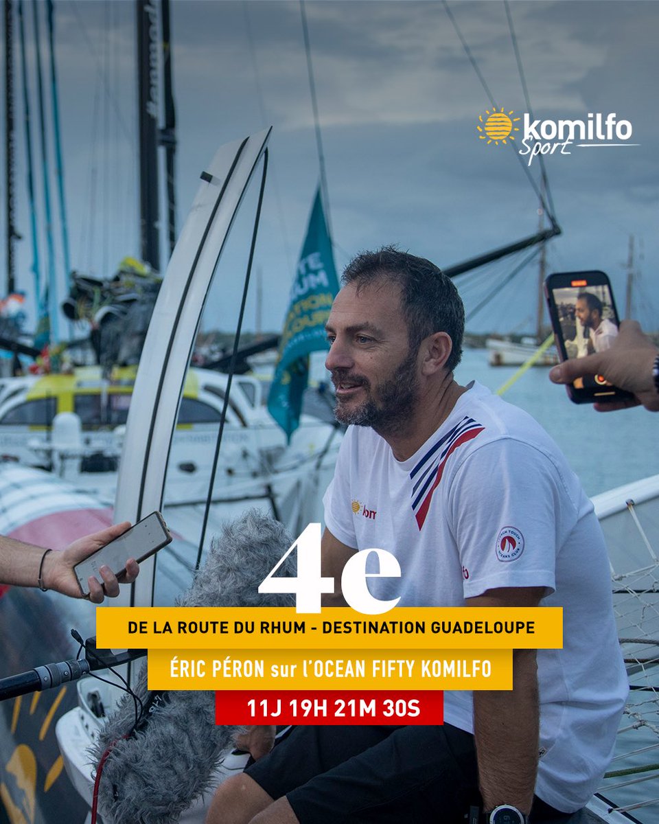 🏁 Toute l’équipe de #Komilfo félicite <a href="/Eric_Peron/">Eric Peron</a> et le trimaran Komilfo pour cette très belle 4e place sur la #RouteDuRhum - Destination Guadeloupe ! 
⏱ Après 11 jours 19 heures 21 minutes 30 secondes de course.

#RDR2022 

📸 Alexis Courcoux