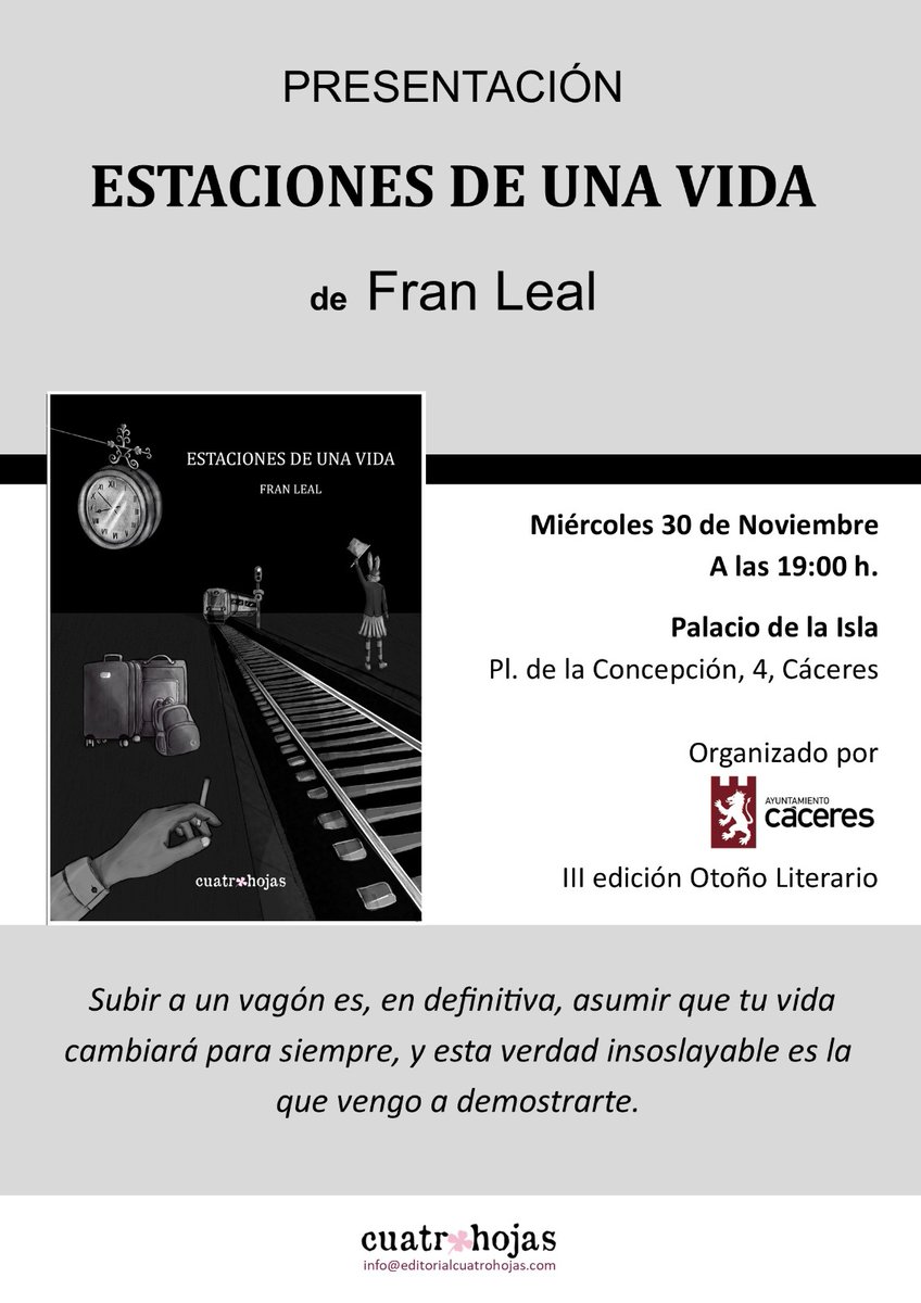 Ya en Cáceres, en un viaje muy especial. Entre otras cosas porque el día 30 presento 'Estaciones de una vida' en el Palacio de la Isla. 13 relatos ambientados en el infalible #tren que conecta Madrid y #Extremadura. Ayer 70 min. de retraso. Mejor publi, imposible. #trendignoya