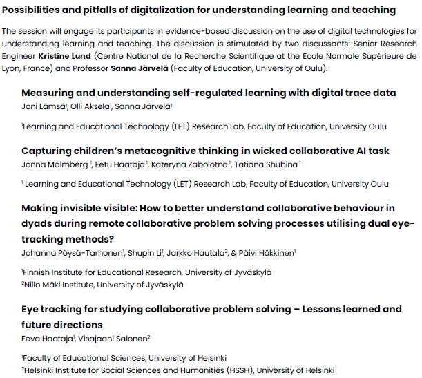 joni_lamsa's tweet photo. Welcome to follow our symposium "Possibilities and pitfalls of digitalization for understanding learning and teaching" at #ktpäivät2022 @KT2022OY.
Four interesting presentations and stimulating discussion in KTK149 on Thursday at 13:00 🔥 @SannaJarvela @JonnaMalmberg @LET_Oulu https://t.co/rNv4e8lORg