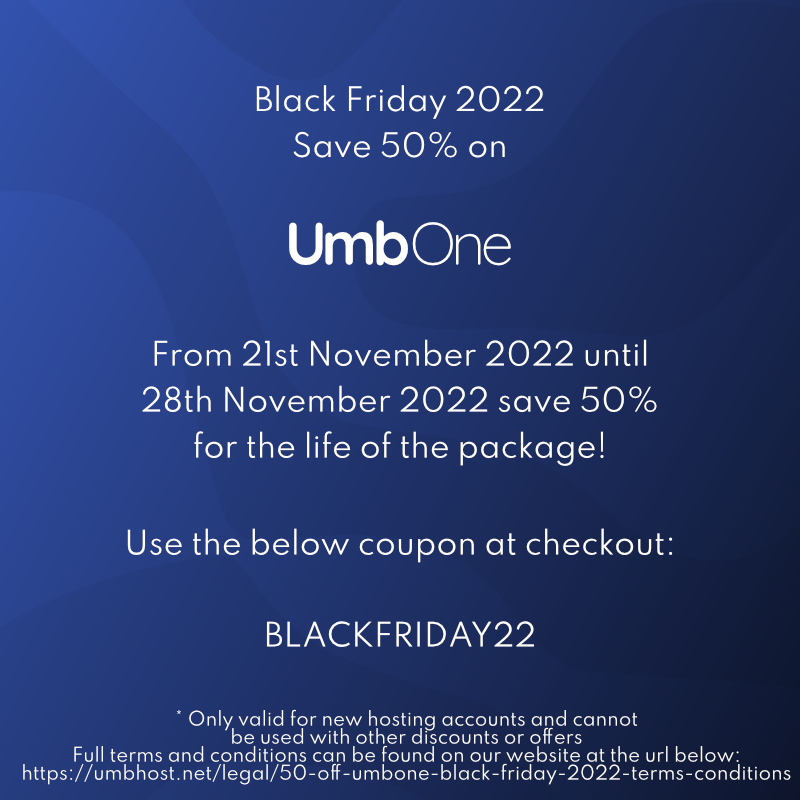 UmbHost's tweet photo. Save 50% on our #UmbOne #Umbraco #hosting package for life!
✅ Full-House of 5⭐on #TrustPilot
✅ 99.9% uptime guarantee
✅ Plants trees
✅ Fairly priced & affordable
✅ Uses 100% #renewableenergy
✅ No annual price rises
Use code: BLACKFRIDAY22
https://t.co/UWOqBZGSu8 https://t.co/Z3FmrDbICF