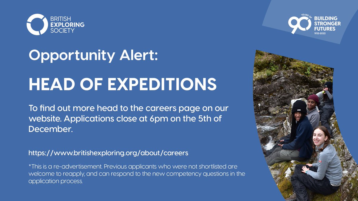 We're currently recruiting a new Head of Expeditions! This role is vital to what we do - the successful candidate will oversee the delivery of all international, domestic and online adventures and expedition programmes.

To find out more, head to: britishexploring.org/about/careers/