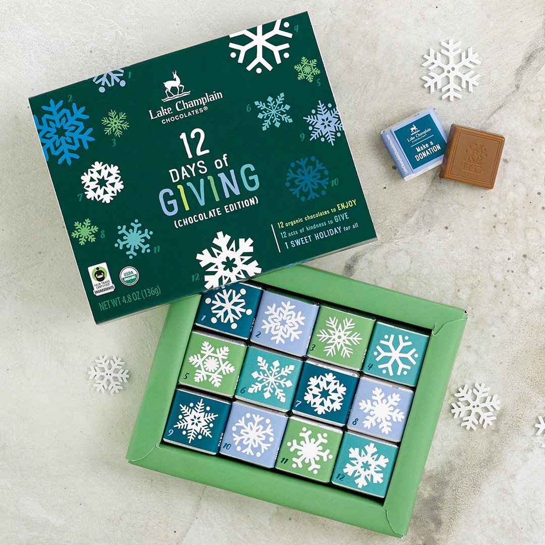 Count down to the holidays, while building stronger communities with our 12 Days of Giving! This unique advent calendar, crafted from organic and fair trade certified chocolate, encourages giving back to the community. lakechamplainchocolates.com/12-days-chocol… #bthechange #makeitextraordinary