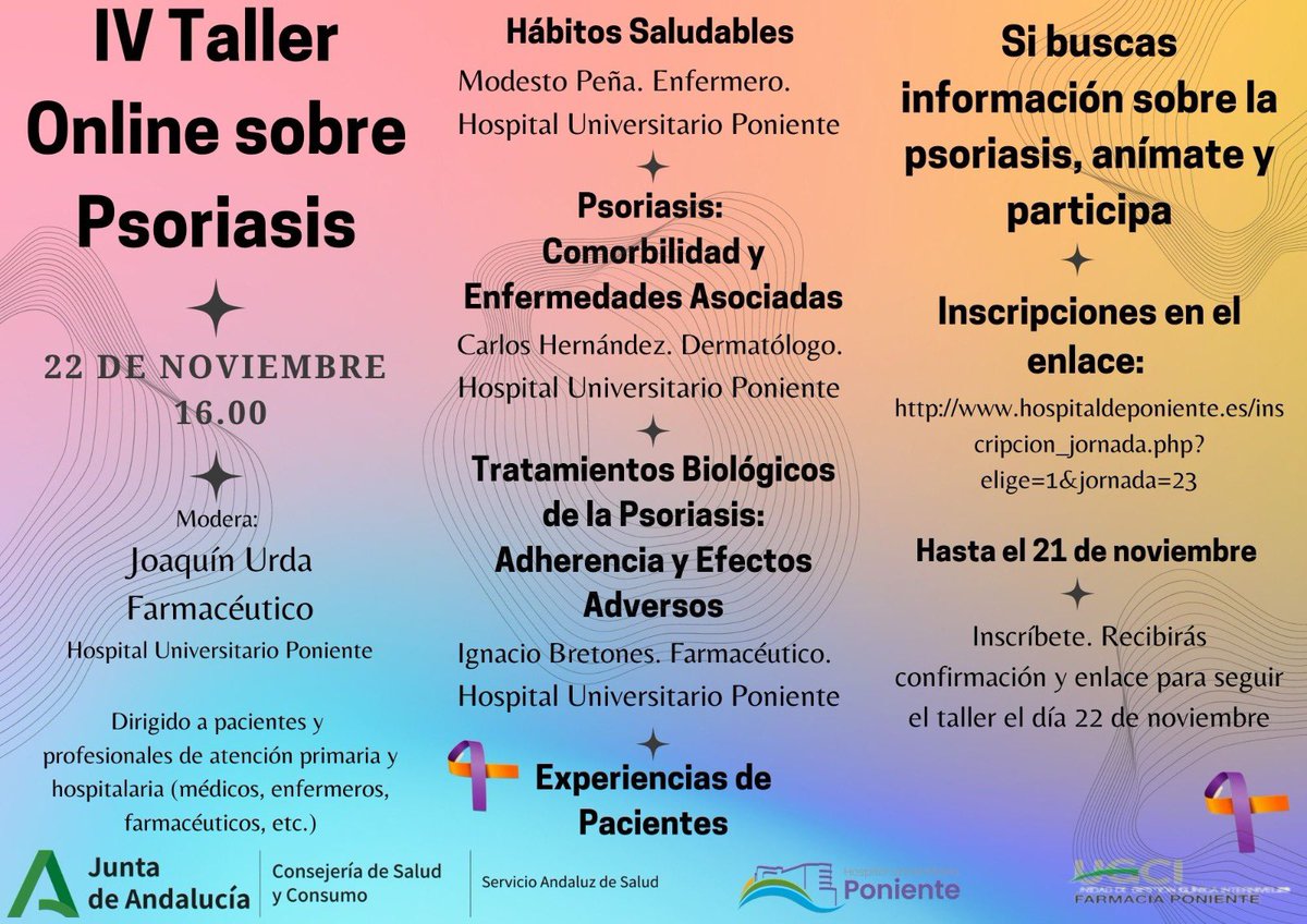 Farmacia Poniente (@farmacia_h_pon) on Twitter photo Hoy 21 de noviembre último día de inscripción al IV Taller Online sobre Psoriasis, organizado por <a href="/Farmacia_H_Pon/">Farmacia Poniente</a> y el área de Consultas del #HUnivPoniente
📥 Inscripciones en ⬇️
hospitaldeponiente.es/inscripcion_jo…
Anímate y participa!!
<a href="/carhemo/">Carlos Hernandez</a> <a href="/ignabreci/">Ignacio Bretones</a> <a href="/joakiurda/">Joaquin Urda</a> <a href="/HUniv_Poniente/">Hospital Universitario Poniente</a> Hoy 21 de noviembre último día de inscripción al IV Taller Online sobre Psoriasis, organizado por <a href="/Farmacia_H_Pon/">Farmacia Poniente</a> y el área de Consultas del #HUnivPoniente
📥 Inscripciones en ⬇️
hospitaldeponiente.es/inscripcion_jo…
Anímate y participa!!
<a href="/carhemo/">Carlos Hernandez</a> <a href="/ignabreci/">Ignacio Bretones</a> <a href="/joakiurda/">Joaquin Urda</a> <a href="/HUniv_Poniente/">Hospital Universitario Poniente</a>