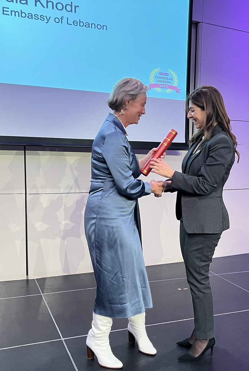 Mtfrancis's tweet photo. Wonderful to see @KhodrOula, head of our consular section @LebanonEmbUK, being recognized for her hard work, and voted in Consul of the Year 2022 for the #MiddleEast. A big thank you goes to @EmbassyMagazine #Lebanon #UnitedKingdom https://t.co/Wdardqw19Z