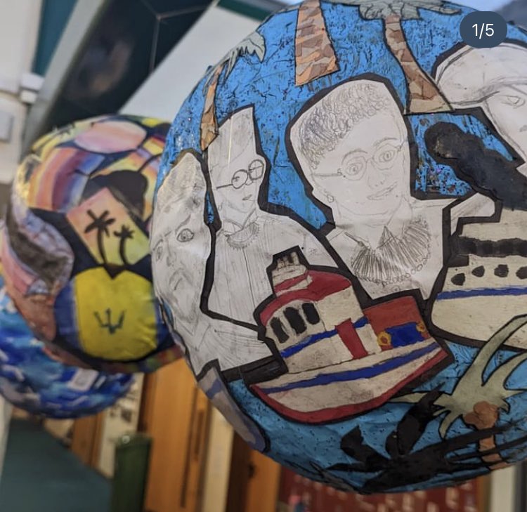 Year 6 artwork Inspired by The World Reimagined project - 103 unique globes across the UK exploring the history, legacy and future of the Transatlantic Trade in Enslaved Africans through the work of incredible artists.  #theworldreimagined
#journeyofdiscovery
#e17 #walthamstow 👏🏻