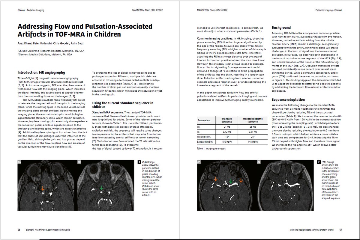 Addressing Flow and Pulsation-Associated Artifacts in TOF-MRA in #Children by Ayaz Khan, PhD; et al. (St Jude Children’s Research Hospital, Memphis, TN, USA). Improve #MRA imaging quality in children …ng.webassets.siemens-healthineers.com/44bf6c1bd34d82…
#magnetomworld #MRI #Pediatrics