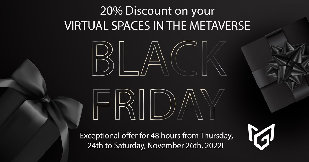 20% discount on our virtual spaces in the metaverse for Black Friday! 

Take advantage of our exceptional offer for 48 hours from Thursday 24th to Saturday, November 26th, 2022! 🎁

Treat yourself to an exhibition space or a virtual office in the #metaverse <a href="/decentraland/">Decentraland</a>✨