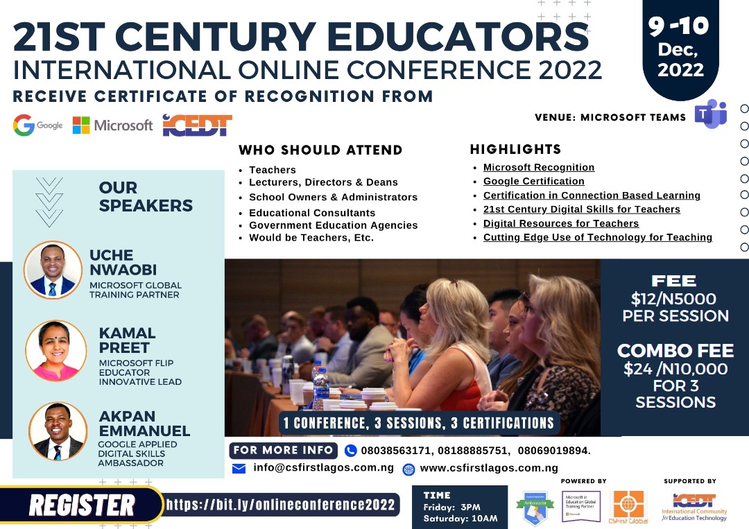 csfirstlagos's tweet image. DO NOT MISS OUT!!!!!!

*Conference Details:*
_Date:_ 
9th- 10th December 2022

VENUE- ONLINE (MICROSOFT TEAMS)

FEE - 5K ( PER SESSION)
10K ( IF YOU ARE PAYING FOR ALL SESSION)

*REGISTER NOW*👇
bit.ly/onlineconferen…