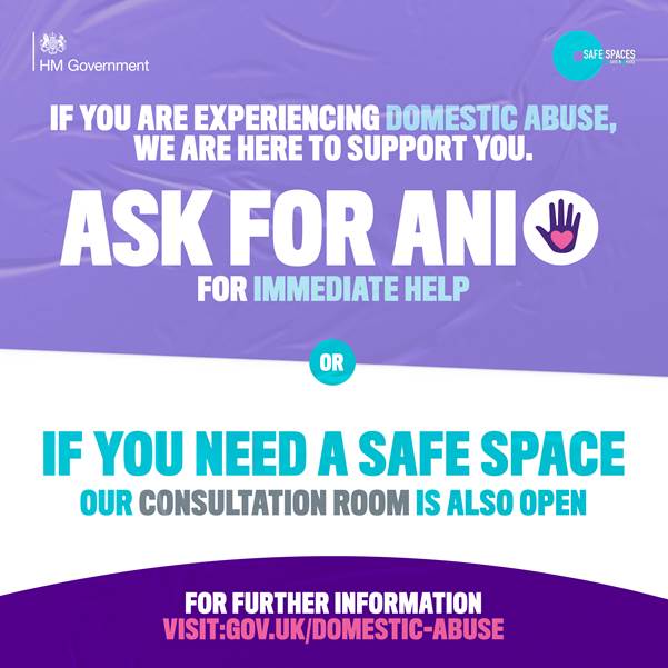 A reminder that anyone experiencing domestic abuse can ask for help at either our inpatient or outpatient pharmacies. Just ask for “ANI”, and they will be taken into a private room and offered the support they need. #YouAreNotAlone #SafeguardingAwarenessWeek