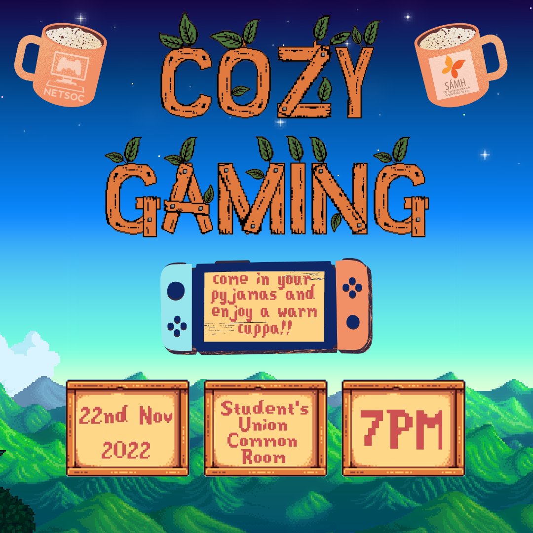 Upcoming exam season stressing you out?
For Movember, we're collaborating with @UCCSamh
 to bring you a special chilled-out Cozy Gaming evening!

If you want to take your mind away from it all, you can come to the SU Common Room at 7pm tomorrow for some games, tea and chats... 😊
