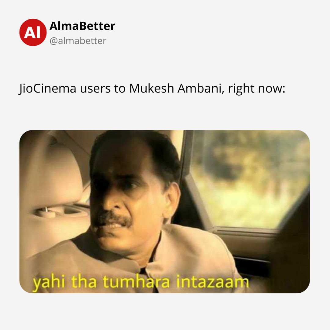 AlmaBetter's tweet photo. Meanwhile Football fans: Aise kaise chalega mota bhai 😜
#JioCinema #fifaworldcup2022 #mukeshambani #footballmatch #fifameme #mukeshambanimeme #worldcupqatar #worldcup2022 #buffering #almabetter #poorquality #trendingmemesdaily https://t.co/5IlYX1n1J1