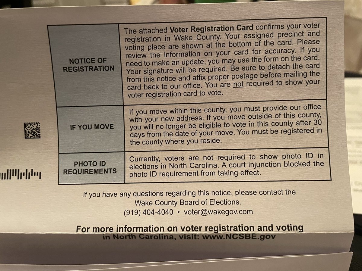 ApexMoyer's tweet photo. On my voter registration card! Didn’t NC vote to require ID in a previous election? https://t.co/x17x6U9zgX