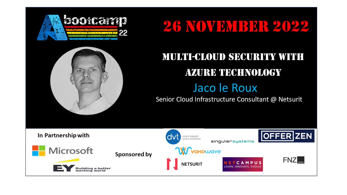 Join Jaco le Roux for "Multi-cloud security with Azure technologies" at this year's #AzureBootcampSouthAfrica on the 26th of November <a href="/microsoftsa/">Microsoft SA</a>   azurebootcamp.co.za