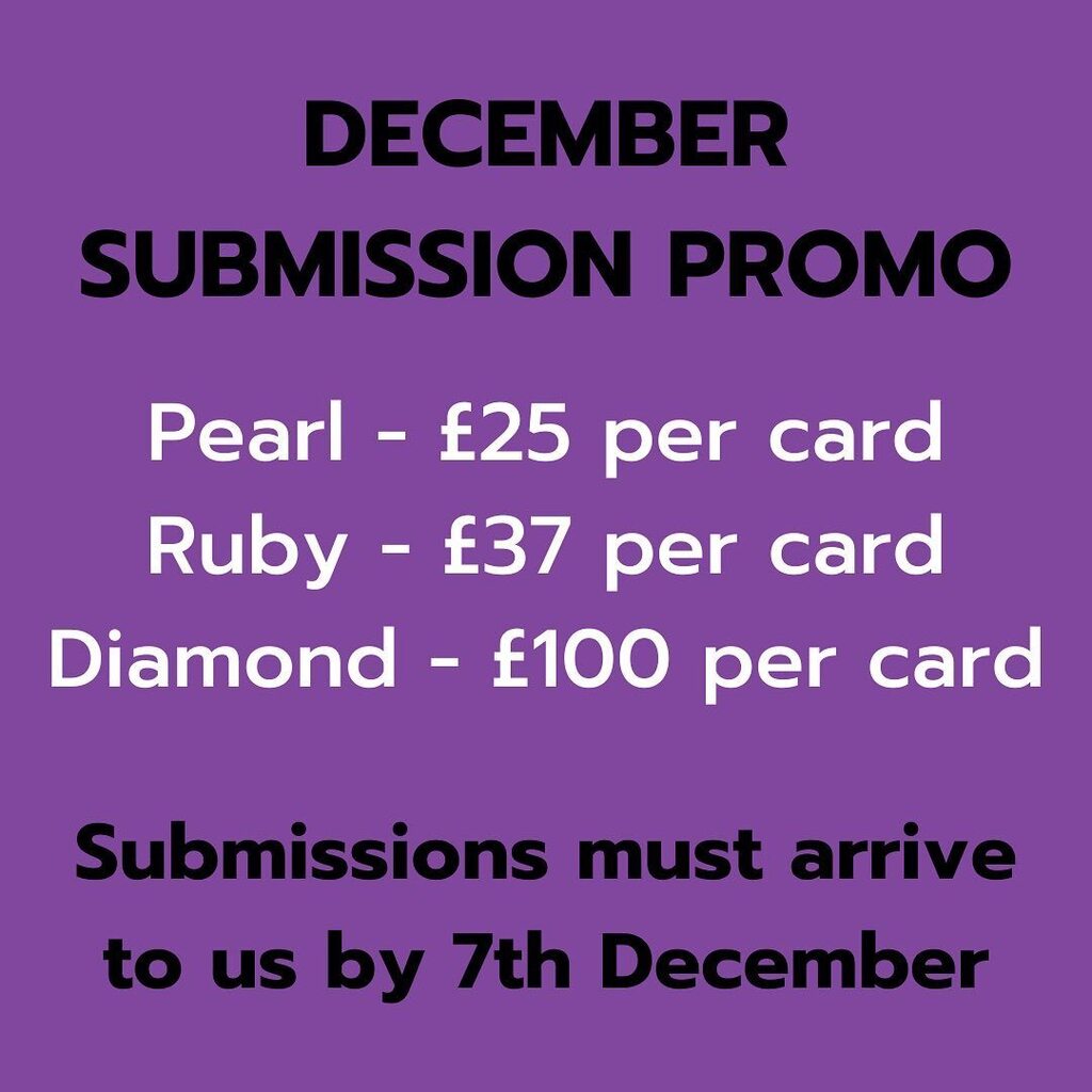 BLGrading's tweet photo. December promo! 🎉🎉🎉

For our December submission (deadline 7th December) we’re offering a discounted service across all sub-graded services!

This is our last submission for 2022 and the prices will revert back after the 7th December so get your submissions to us ASAP!

As a… https://t.co/d9PyjaQIo4