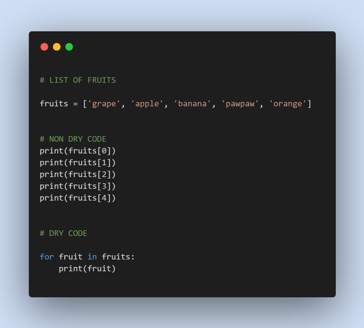 iamengrmark's tweet photo. What a DRY code is:

DRY is an acronym for "Don't Repeat Yourself". It's a principle of software development to reduce the repetition of software patterns. It means refactoring code by taking something done severally and turning it into a loop or a function.

#Python
#pythoncode https://t.co/Z0WNVlTKjv
