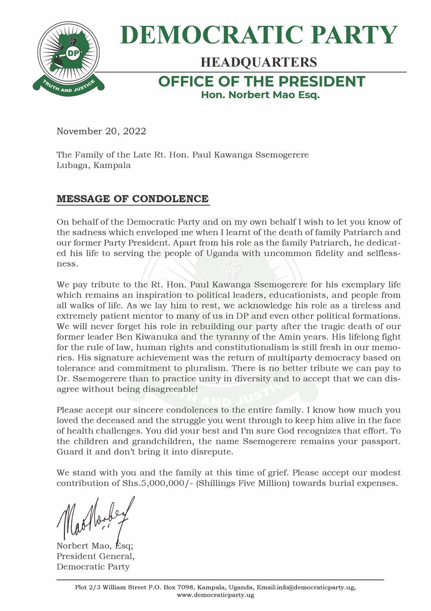 norbertmao's tweet photo. Dr. Ssemogerere’s signature achievement was the return of multiparty democracy based on tolerance and commitment to pluralism. There is no better tribute we can pay to him than to practice unity in diversity and to accept that we can disagree without being disagreeable! https://t.co/k3vY67KvHN
