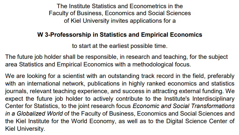 JRuhose's tweet photo. 🚨🚨JOB ALERT🚨🚨 We are hiring a Full Professor (W3) in Statistics and Empirical Economics @kieluni! #Econtwitter #econjobmarket @kielinstitute 

Application Deadline: December 6!
https://t.co/7DMXL2IpZO https://t.co/XQeTyfKnhk
