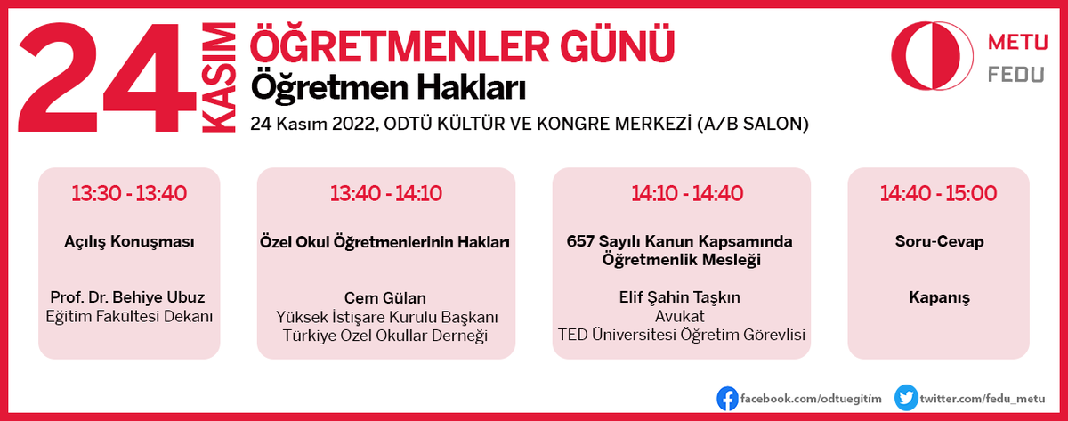 MetuCeit's tweet photo. Değerli Öğrencilerimiz ve Mezunlarımız,
ODTÜ Eğitim Fakültesi (@fedu_metu) tarafından düzenlenen Öğretmenler Günü Etkinliğine yönelik ayrıntılı bilgiye ekte yer alan poster duyurusundan ulaşabilirsiniz. https://t.co/OjURVCbEtK