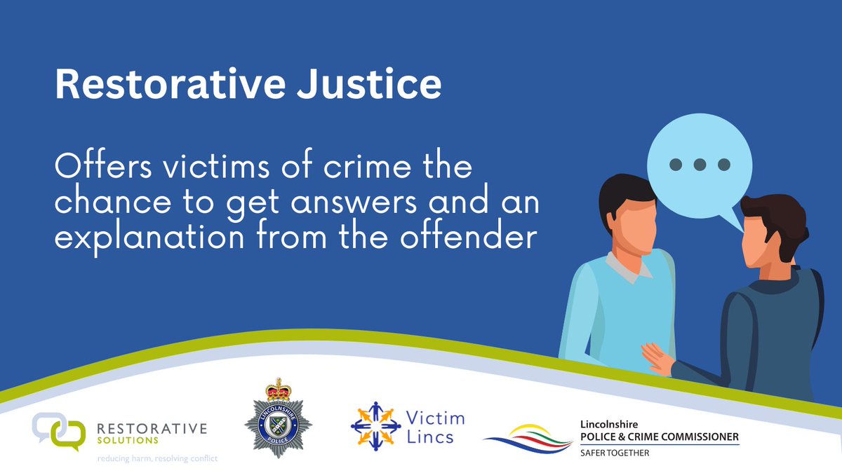OPCCLincs's tweet photo. What is #RestorativeJustice? 🤔

A way for victims to communicate safely with those that caused them harm

A chance to seek an explanation from the offender and make them aware of how their actions impacted on the victim's life

Find out more 👇
https://t.co/0qj2qIs4P3

#RJWeek https://t.co/yV7tf2t5Fm