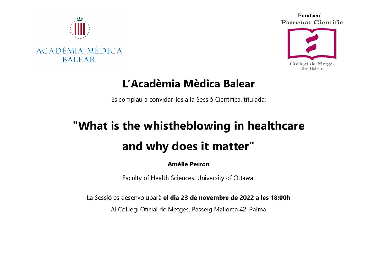 AMBalear's tweet photo. 👉Aquest dimecres 23 de novembre:
"What is the whistheblowing in healthcare any why does it matter"
➡️No us ho perdeu!
📍 @COMbalears
 🕢 18:00h
😉Accés gratuït https://t.co/PmQklGbRJG