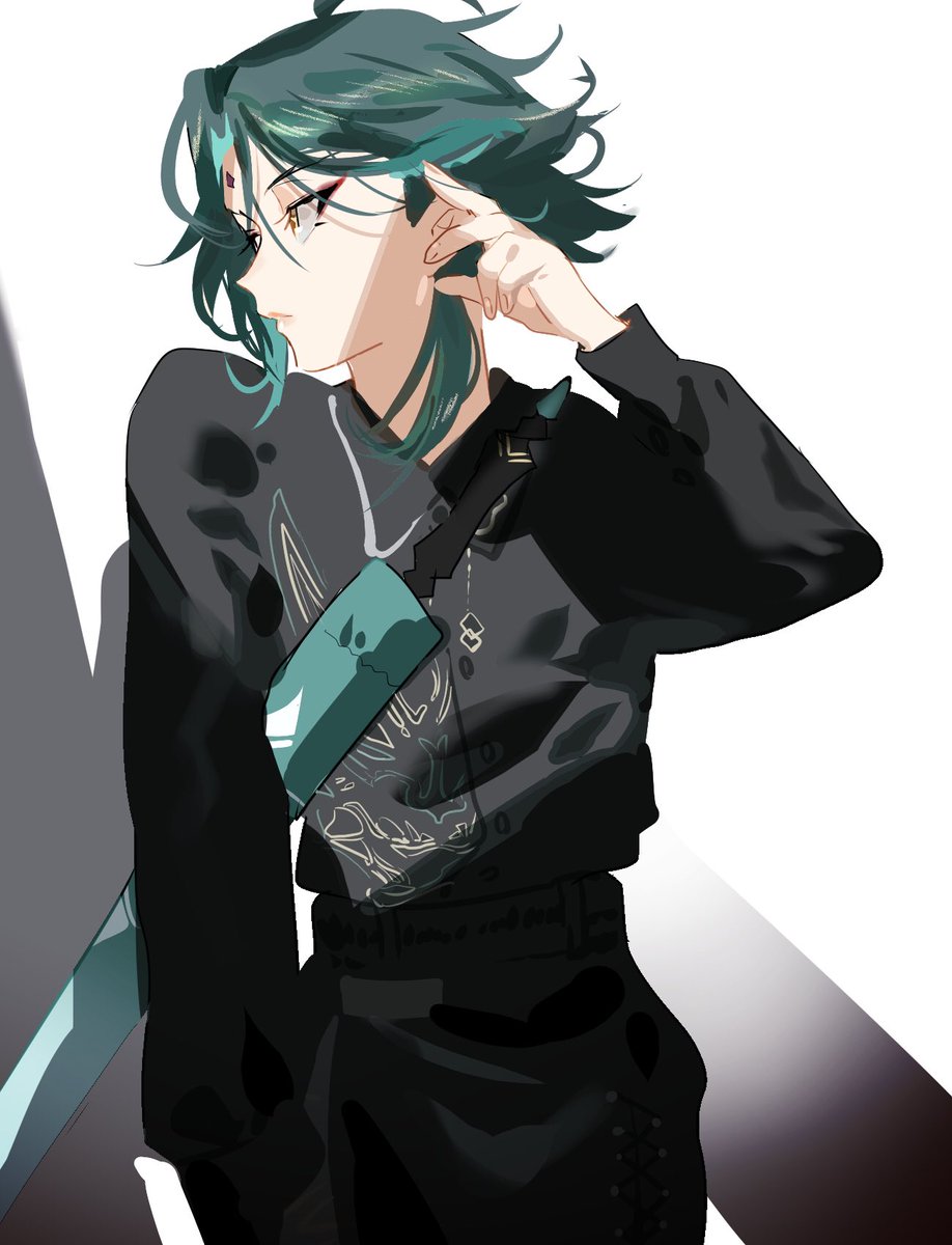 xiao (genshin impact) 1boy male focus solo long sleeves green hair pants yellow eyes  illustration images
