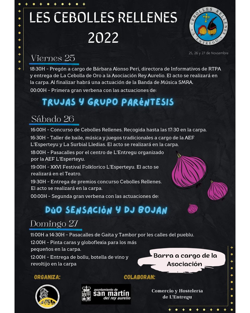 SanMartin_ayto's tweet photo. ¡📣 Pregón, entrega del galardón “Cebolla de Oro”, verbenas, concurso popular, festival folclórico.., todo esto y mucho más en las #Fiestas #Gastronómicas de Les #Cebolles!🧅🧅 #turismo https://t.co/nZ3RE5ilsP