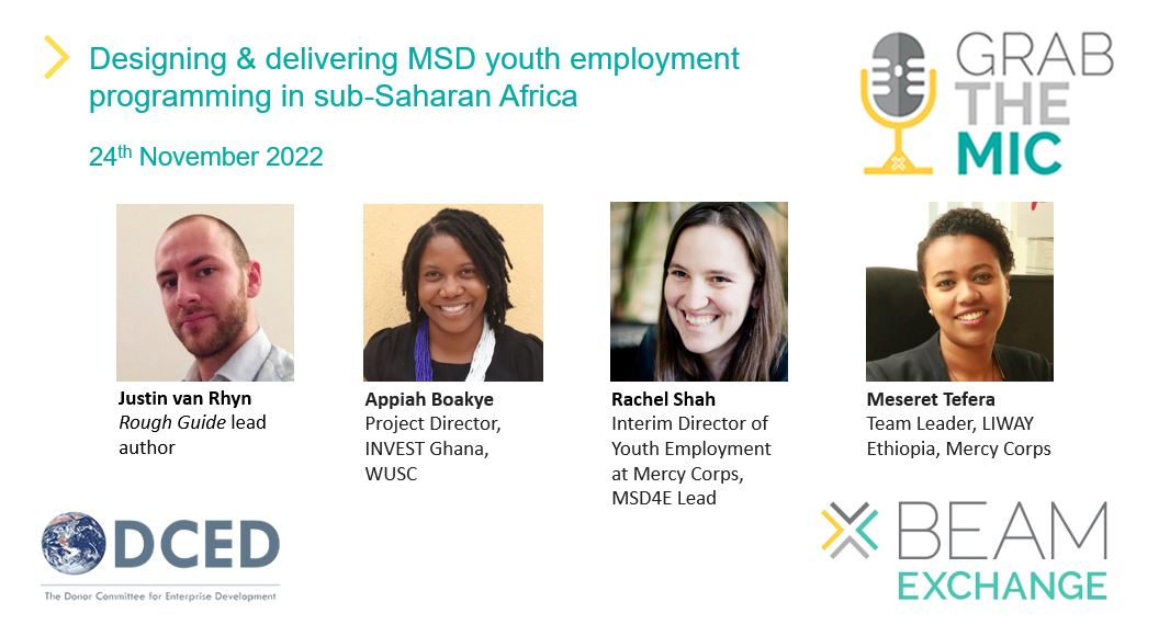 This Thursday, 24th, BEAM webinar: Designing &amp; delivering MSD youth employment programming in sub-Saharan Africa - have you signed up? bit.ly/3i1vMyn
#marketsystemsdevelopment #youthemployment