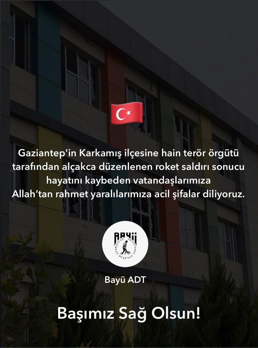 #Gaziantep'in #Karkamış ilçesine hain terör örgütü tarafından alçakca düzenlenen roket saldırı sonucu hayatını kaybeden vatandaşlarımıza Allah'tan rahmet, yaralılarımıza acil şifalar diliyoruz.