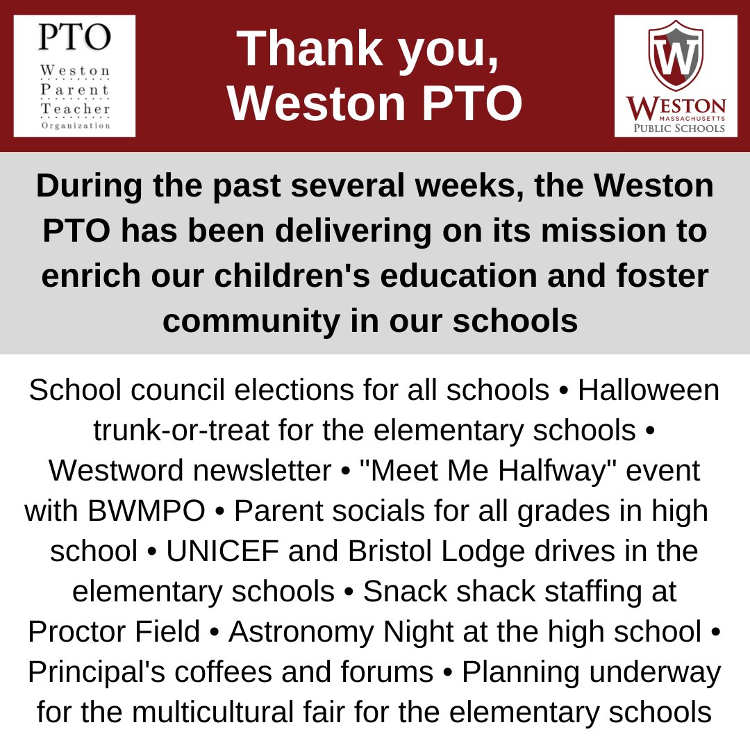 WestonSchoolC's tweet photo. During the past several weeks, the @westonpto, an all-volunteer, parent-run organization, has delivered on its mission to enrich our schools and fostering community. Thank you, Weston PTO, for all of your efforts. https://t.co/8zM78kuyAk